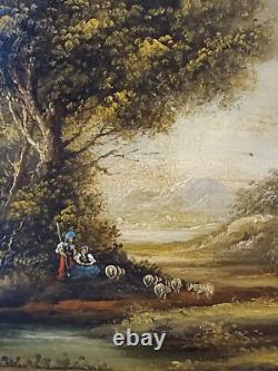 Old painting oil on panel Mountain landscape Shepherdesses 19 Em Barbizon