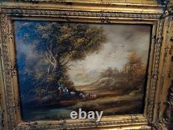 Old painting oil on panel Mountain landscape Shepherdesses 19 Em Barbizon