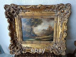 Old painting oil on panel Mountain landscape Shepherdesses 19 Em Barbizon