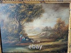 Old painting oil on panel Mountain landscape Shepherdesses 19 Em Barbizon
