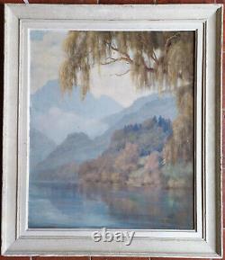 Old painting oil on panel framed lake and mountain landscape