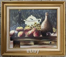 Old painting oil on panel still life with fruits signed golden frame