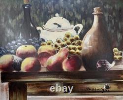 Old painting oil on panel still life with fruits signed golden frame