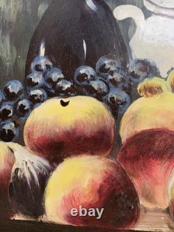 Old painting oil on panel still life with fruits signed golden frame