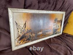 Old painting oil on panel to decipher (early 20th century) coastal village