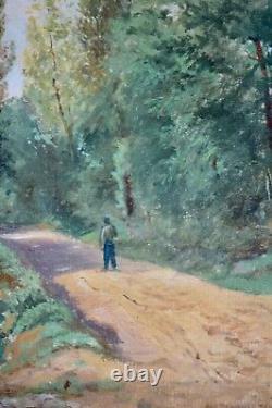 Old painting, oil on paper. 19th century, Barbizon School. Landscape with Path.