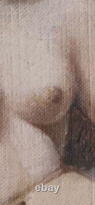 Old painting oil portrait of a young woman sitting, holding a wheat stalk in the fields.