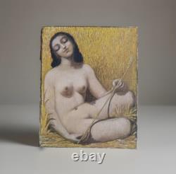 Old painting oil portrait of a young woman sitting, holding a wheat stalk in the fields.