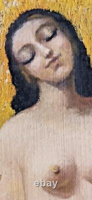 Old painting oil portrait of a young woman sitting, holding a wheat stalk in the fields.