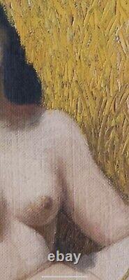 Old painting oil portrait of a young woman sitting, holding a wheat stalk in the fields.