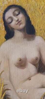 Old painting oil portrait of a young woman sitting, holding a wheat stalk in the fields.