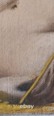 Old painting oil portrait of a young woman sitting, holding a wheat stalk in the fields.