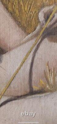 Old painting oil portrait of a young woman sitting, holding a wheat stalk in the fields.