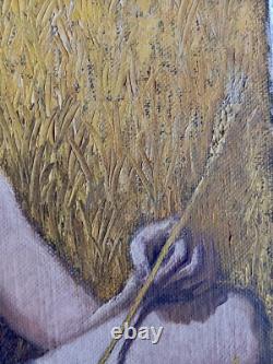 Old painting oil portrait of a young woman sitting, holding a wheat stalk in the fields.