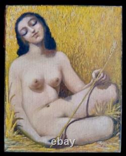 Old painting oil portrait of a young woman sitting, holding a wheat stalk in the fields.