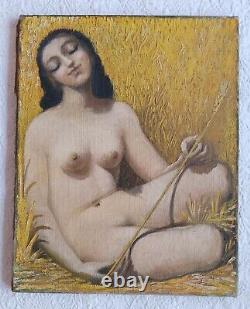 Old painting oil portrait of a young woman sitting, holding a wheat stalk in the fields.