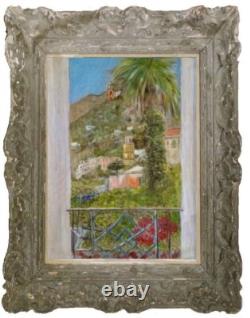 Old painting oil window view landscape palm tree perched village impressionism