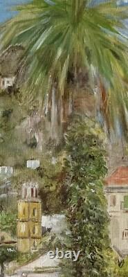 Old painting oil window view landscape palm tree perched village impressionism