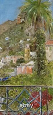 Old painting oil window view landscape palm tree perched village impressionism