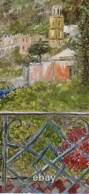Old painting oil window view landscape palm tree perched village impressionism