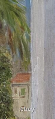 Old painting oil window view landscape palm tree perched village impressionism