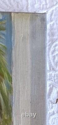 Old painting oil window view landscape palm tree perched village impressionism