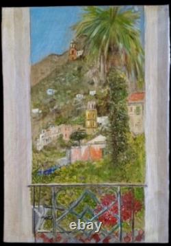Old painting oil window view landscape palm tree perched village impressionism