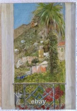 Old painting oil window view landscape palm tree perched village impressionism