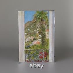 Old painting oil window view landscape palm tree perched village impressionism