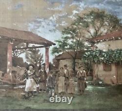 Old painting portrait of a family woman child farmers landscape realism