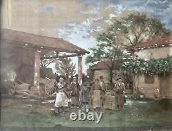 Old painting portrait of a family woman child farmers landscape realism
