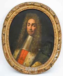 Old painting portrait of a man in a wig and ermine coat Louis XIV 17th century hst