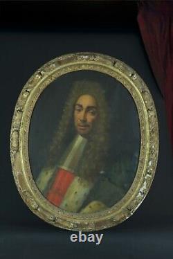 Old painting portrait of a man in a wig and ermine coat Louis XIV 17th century hst