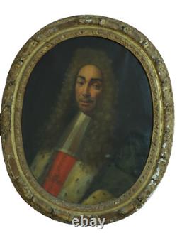 Old painting portrait of a man in a wig and ermine coat Louis XIV 17th century hst