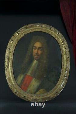 Old painting portrait of a man in a wig and ermine coat Louis XIV 17th century hst