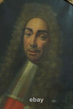 Old painting portrait of a man in a wig and ermine coat Louis XIV 17th century hst