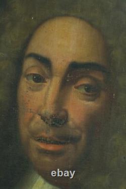 Old painting portrait of a man in a wig and ermine coat Louis XIV 17th century hst