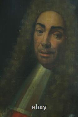 Old painting portrait of a man in a wig and ermine coat Louis XIV 17th century hst