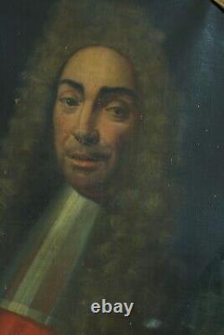 Old painting portrait of a man in a wig and ermine coat Louis XIV 17th century hst
