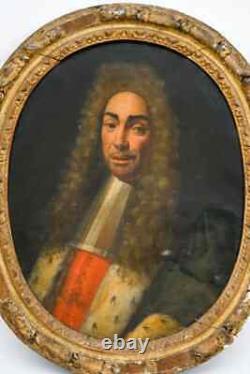 Old painting portrait of a man in a wig and ermine coat Louis XIV 17th century hst