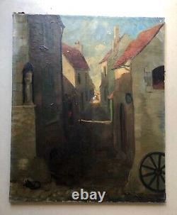 Old painting signed André Trèves, Paved Street, Oil on canvas to be restored, 20th century