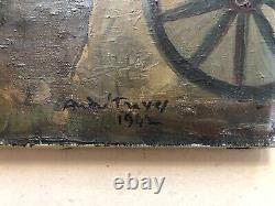 Old painting signed André Trèves, Paved Street, Oil on canvas to be restored, 20th century