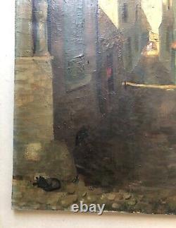 Old painting signed André Trèves, Paved Street, Oil on canvas to be restored, 20th century