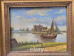 Old painting signed 'Bord du Lac Animé' Oil on wood panel