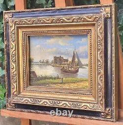 Old painting signed 'Bord du Lac Animé' Oil on wood panel