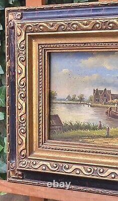 Old painting signed 'Bord du Lac Animé' Oil on wood panel