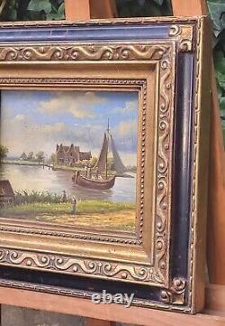 Old painting signed 'Bord du Lac Animé' Oil on wood panel