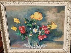 Old painting signed. Bouquet of flowers. Oil painting on isorel panel.