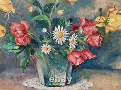 Old painting signed. Bouquet of flowers. Oil painting on isorel panel.