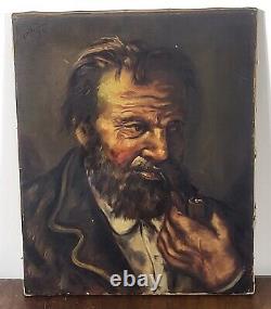 Old painting signed. Character's head. Oil painting on canvas